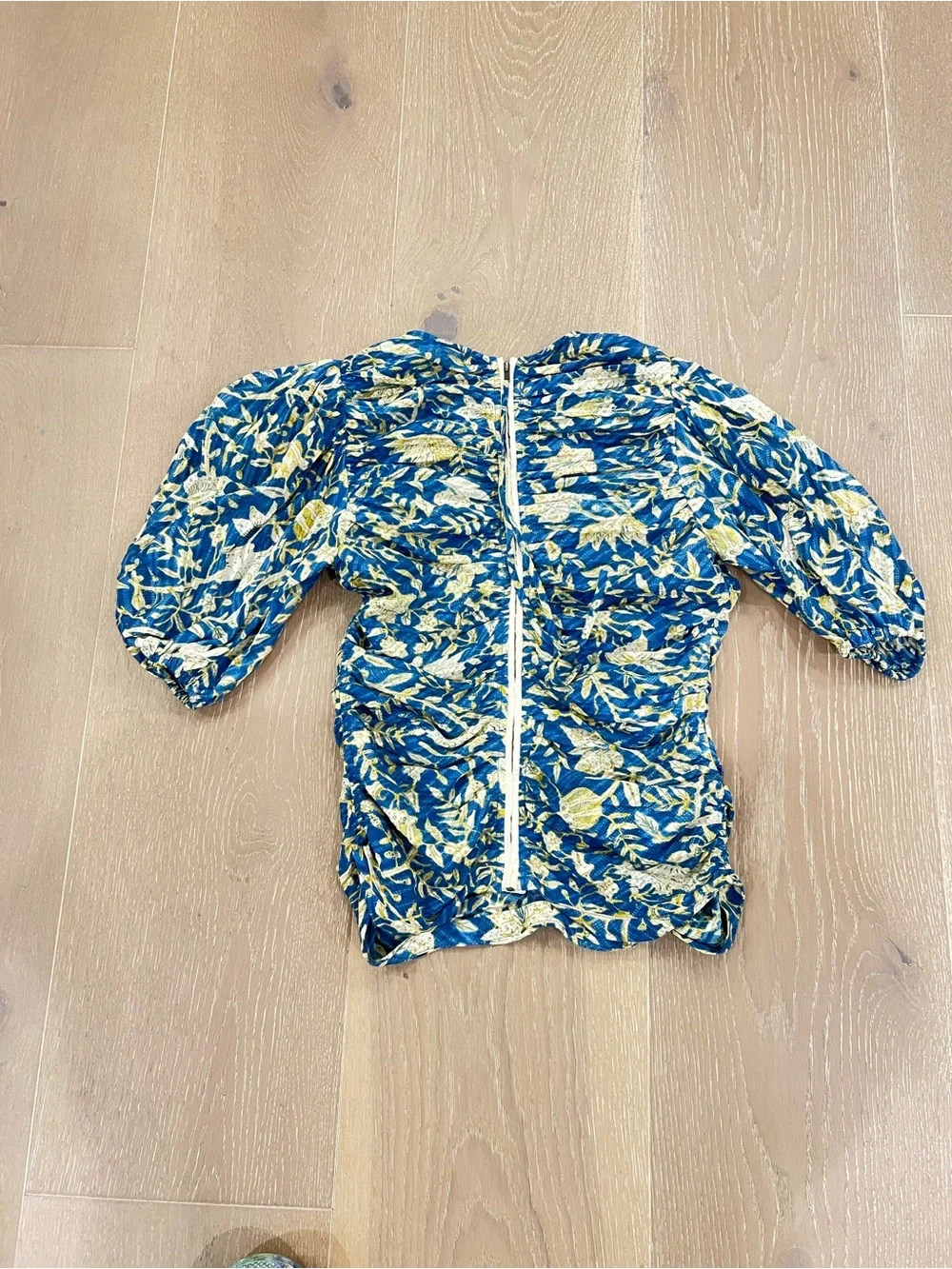 Ulla Johnson Blue and Yellow Ruched Puff-Sleeve Blouse
